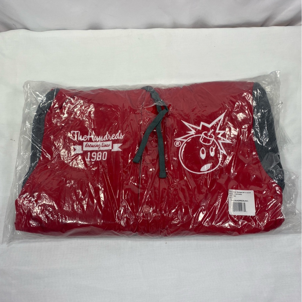 The Hundreds Drawing Lines 1980 Varsity Jacket Letterman Red Nylon Gray Fleece M - Picture 7 of 8